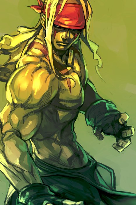 1boy abs alex_(street_fighter) black_gloves blonde_hair closed_mouth commentary_request copyright_request fighting_stance fingerless_gloves fingernails gloves green_background hankuri headband long_hair male_focus muscle shirtless solo standing street_fighter upper_body