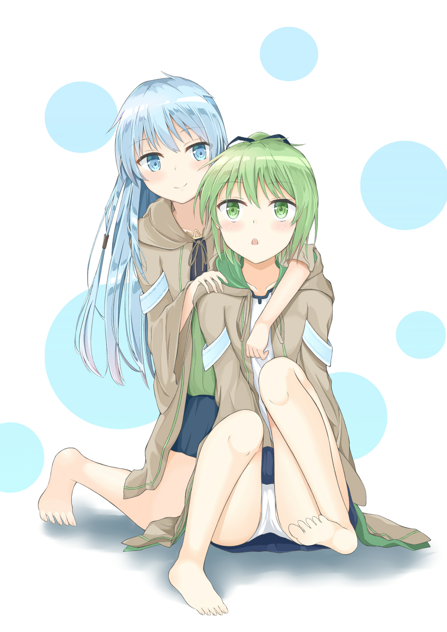 2girls :o aroma0501 bangs bare_legs barefoot black_ribbon blue_eyes blue_hair blue_skirt blush brown_hoodie closed_mouth collarbone commentary_request eria eyebrows_visible_through_hair green_eyes green_hair green_sweater hair_between_eyes hair_ribbon hand_around_neck hand_on_another's_shoulder high_ponytail highres hood hood_down hoodie kneeling long_hair multiple_girls open_clothes open_hoodie panties parted_lips pleated_skirt polka_dot polka_dot_background ponytail ribbed_sweater ribbon shirt sitting skirt smile soles sweater underwear very_long_hair white_background white_panties white_shirt wynn yu-gi-oh!