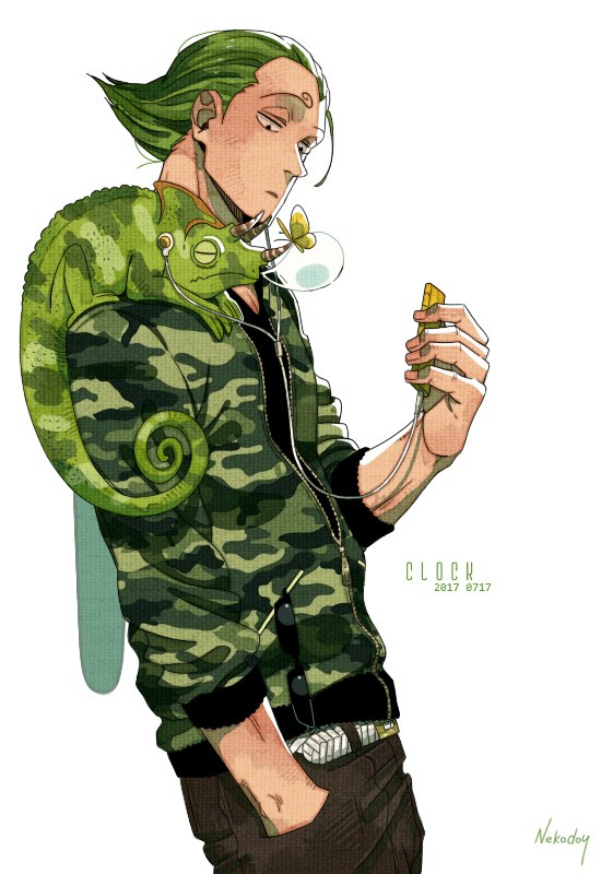 1boy artist_name belt butterfly chameleon dated digital_media_player green_hair headphones insect male_focus nekodou_(yukatin1000) one_piece open_mouth simple_background solo vinsmoke_yonji white_background