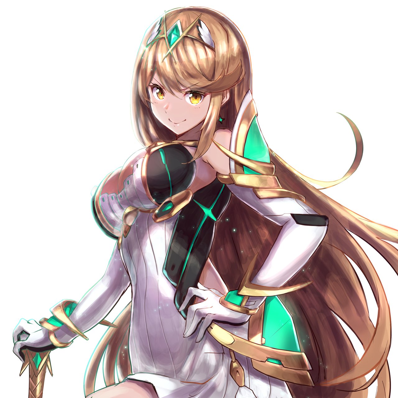 1girl aoi_kamogawa armor blonde_hair blush breasts cleavage dress gloves highres mythra_(xenoblade) jewelry large_breasts long_hair looking_at_viewer simple_background smile solo sword weapon white_background xenoblade_(series) xenoblade_2 yellow_eyes