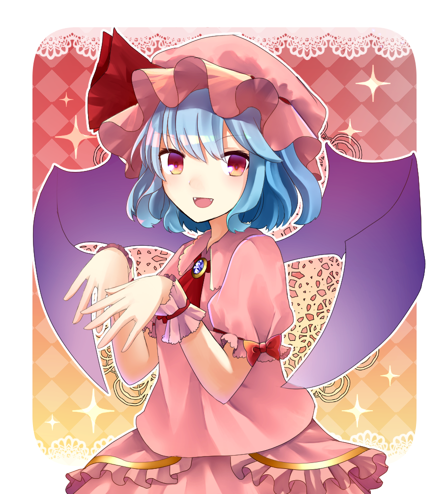 1girl bat_wings blue_hair bracelet dress fang fangs jewelry looking_at_viewer open_mouth puffy_short_sleeves puffy_sleeves red_eyes remilia_scarlet sakipsakip short_hair short_sleeves smile touhou white_dress wings