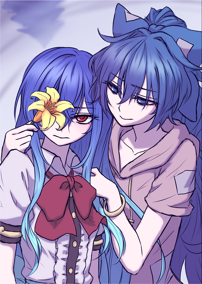 2girls bangle blouse blue_background blue_bow blue_eyes blue_hair bow bracelet closed_mouth collarbone commentary_request debt drawstring eyebrows_visible_through_hair flower frilled_blouse grey_hoodie hair_between_eyes hair_bow hinanawi_tenshi holding holding_flower jewelry long_hair looking_at_another looking_at_viewer miata_(miata8674) multiple_girls neck_bow no_hat no_headwear one_eye_covered puffy_short_sleeves puffy_sleeves red_bow red_eyes red_neckwear ripples short_sleeves sidelocks smile touhou very_long_hair white_blouse yellow_flower yorigami_shion