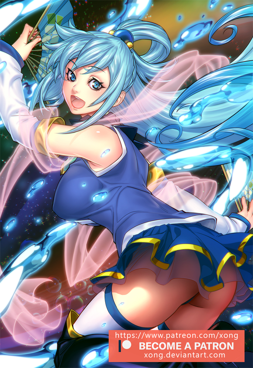 1girl :d aqua_(konosuba) ass bare_shoulders blue_eyes blue_footwear blue_hair blue_legwear blue_shirt blue_skirt boots breasts detached_sleeves fan folding_fan from_behind goddess hair_ornament hair_rings holding holding_fan kono_subarashii_sekai_ni_shukufuku_wo! large_breasts legs long_hair looking_back no_panties open_mouth shirt skirt smile splashing thigh-highs thigh_boots very_long_hair water xong