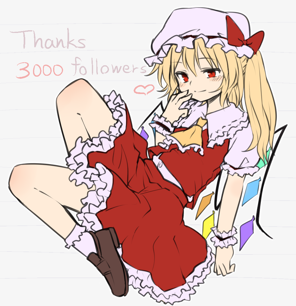 1girl ascot blonde_hair blush bow brown_footwear buttons closed_mouth flandre_scarlet followers full_body hand_up hat hat_bow heart loafers long_hair miyo_(ranthath) mob_cap red_bow red_eyes red_skirt shoes short_sleeves side_ponytail skirt skirt_set smile socks solo touhou white_hat white_legwear