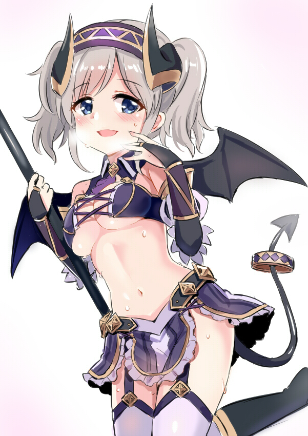 1girl :d bandeau bare_shoulders black_bandeau black_footwear black_wings blue_eyes blush boots breasts bridal_gauntlets character_request commentary_request curled_horns demon_girl demon_horns demon_tail demon_wings garter_straps gradient gradient_background headband heavy_breathing holding horns knee_boots long_hair medium_breasts navel open_mouth princess_connect! princess_connect!_re:dive purple_background purple_skirt silver_hair simple_background skirt smile solo sweat tail thigh-highs twintails unname white_background white_legwear wings