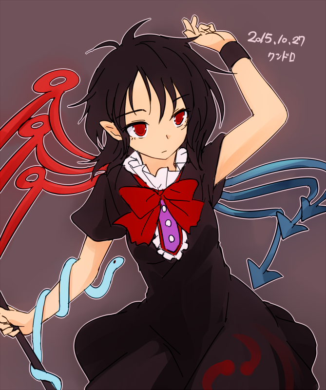 1girl antenna_hair arm_up black_dress black_hair bow bowtie brown_background closed_mouth dated dress holding houjuu_nue miyo_(ranthath) red_eyes red_neckwear short_sleeves simple_background snake solo touhou wristband