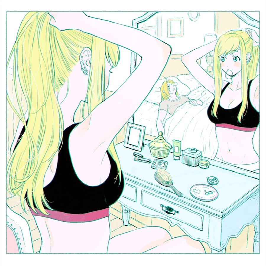 1boy 1girl armpits arms_up blanket blonde_hair blue_eyes blush bra breasts brush earrings edward_elric eyebrows_visible_through_hair fullmetal_alchemist hanayama_(inunekokawaii) happy jewelry long_hair looking_at_another makeup mirror navel pillow reflection sitting sleeping smile sports_bra table underwear winry_rockbell