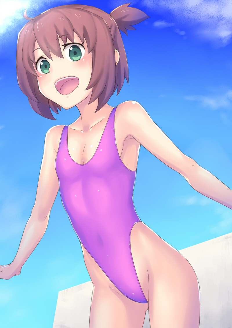 1girl blue_sky brown_hair character_request clouds copyright_request cowboy_shot green_eyes hai_(h81908190) highleg highleg_leotard highleg_swimsuit leotard one-piece_swimsuit open_mouth outdoors outstretched_arms pink_leotard short_hair side_ponytail sky smile solo swimsuit upper_teeth