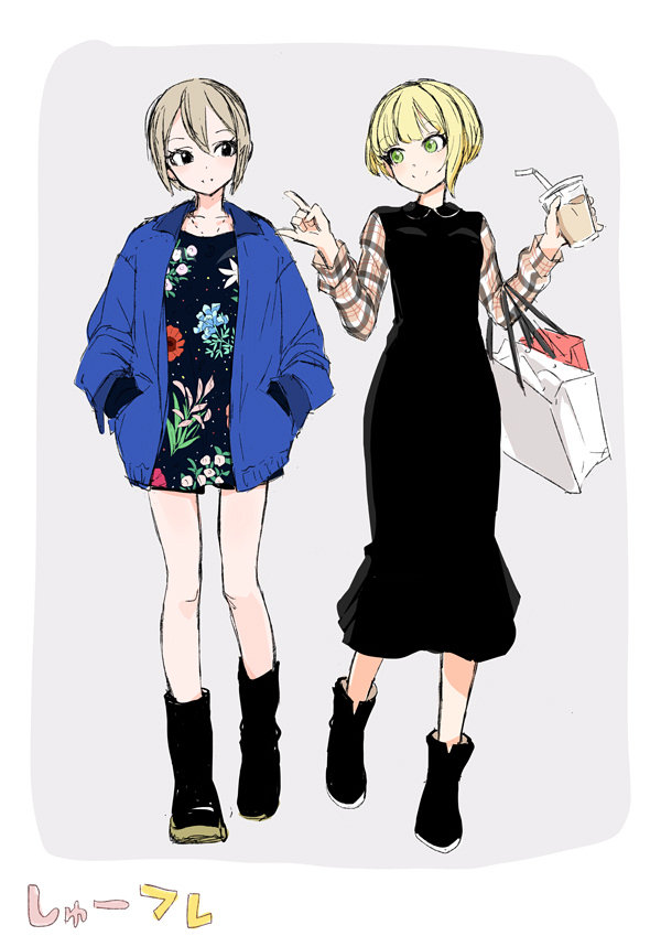 2girls ankle_boots arakawa802 bangs bare_legs black_dress black_eyes black_footwear black_shirt blonde_hair blue_jacket blunt_bangs boots brown_hair closed_mouth cup disposable_cup dress drinking_straw eyebrows_visible_through_hair floral_print full_body green_eyes grey_background hands_in_pockets holding holding_cup idolmaster idolmaster_cinderella_girls jacket long_sleeves miyamoto_frederica multiple_girls open_clothes open_jacket plaid plaid_sleeves print_shirt shiomi_shuuko shirt short_hair simple_background smile walking