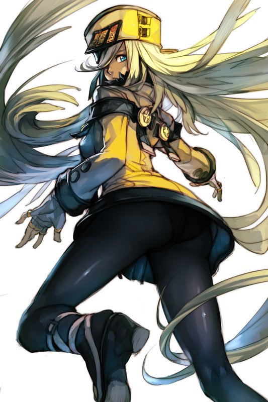 1girl ass black_footwear black_legwear black_panties blue_eyes commentary_request floating_hair guilty_gear guilty_gear_xrd hair_over_one_eye hankuri hat high_heels jacket long_hair long_sleeves looking_at_viewer looking_back millia_rage one_eye_covered panties pantyhose simple_background solo underwear very_long_hair white_background yellow_jacket