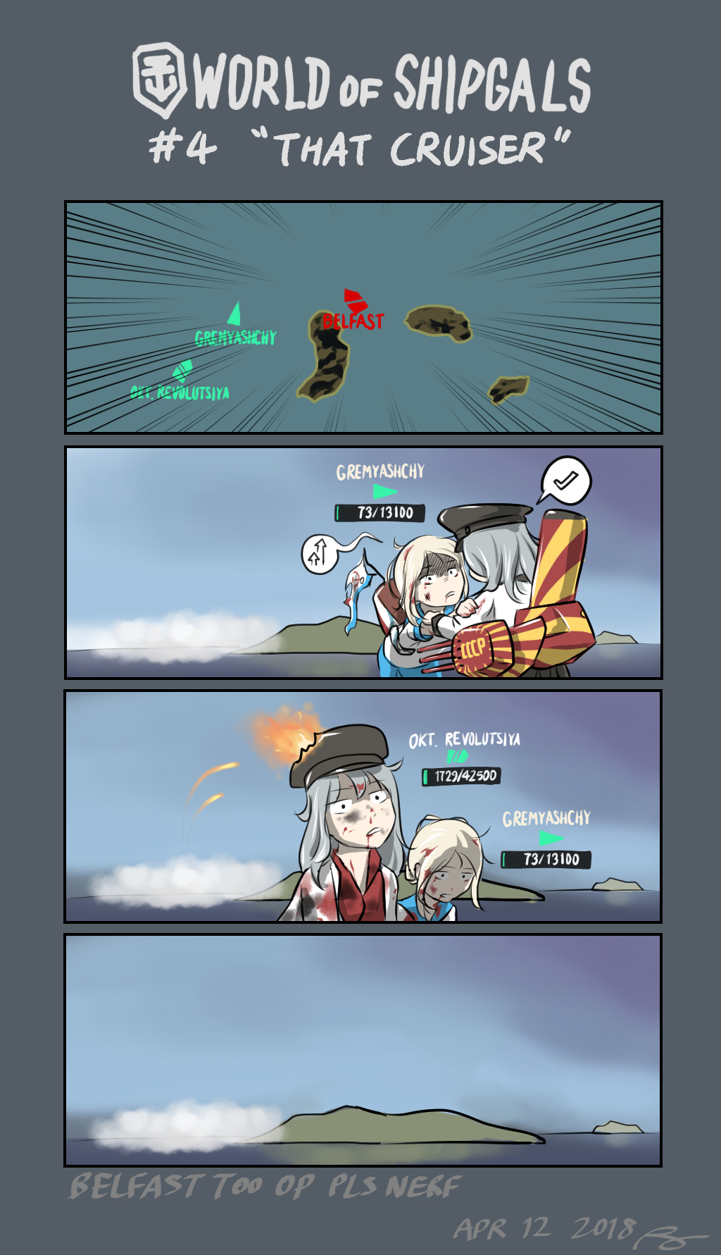 2girls 4koma camouflage comic gangut_(kantai_collection) grey_hair greythorn032 hat highres injury kantai_collection military military_uniform motion_lines multiple_girls naval_uniform peaked_cap surprised uniform world_of_warships