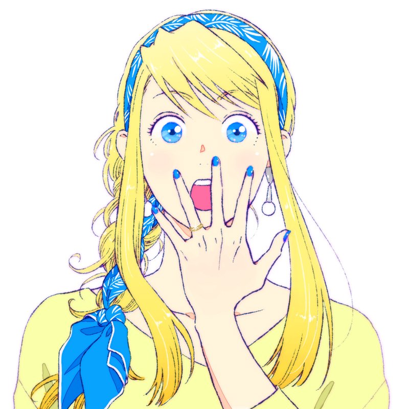 1girl :o bangs blonde_hair blue_eyes blue_nails braid earrings eyebrows_visible_through_hair eyelashes fingernails fullmetal_alchemist hanayama_(inunekokawaii) hand_on_own_face jewelry long_hair long_sleeves looking_at_viewer nail_polish open_mouth ring shirt simple_background solo_focus upper_body white_background winry_rockbell yellow_shirt