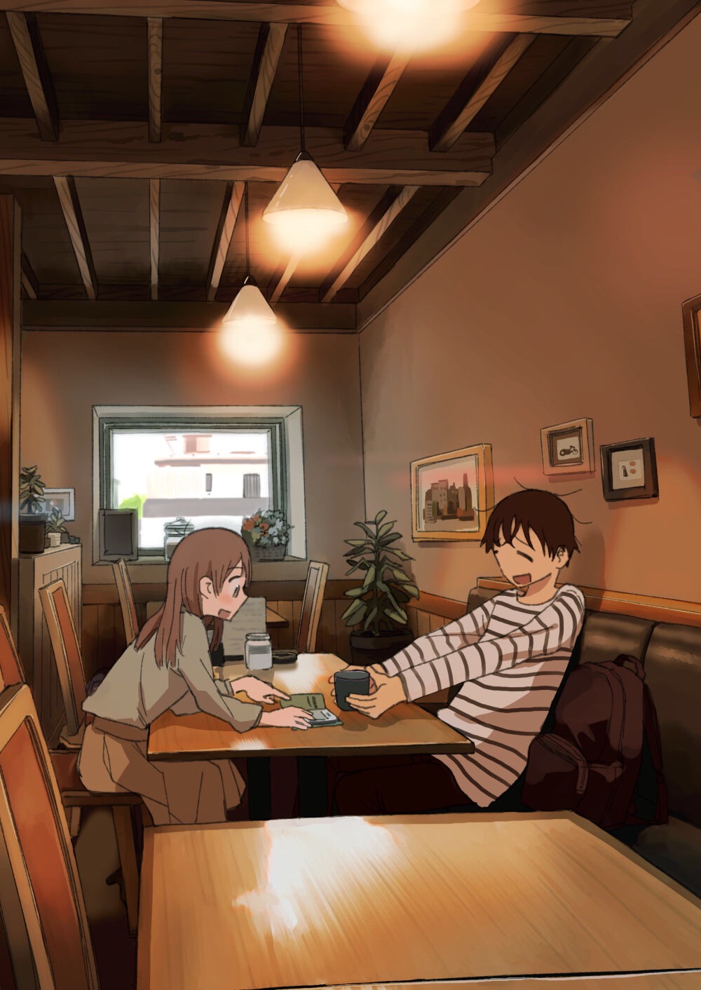 1boy 1girl :d =_= artist_request brown_hair cafeteria chair cup eyebrows_visible_through_hair from_side highres long_sleeves looking_at_another messy_hair open_mouth original painting plant pleated_skirt potted_plant reading restaurant shirt sitting skirt smile striped striped_shirt table window