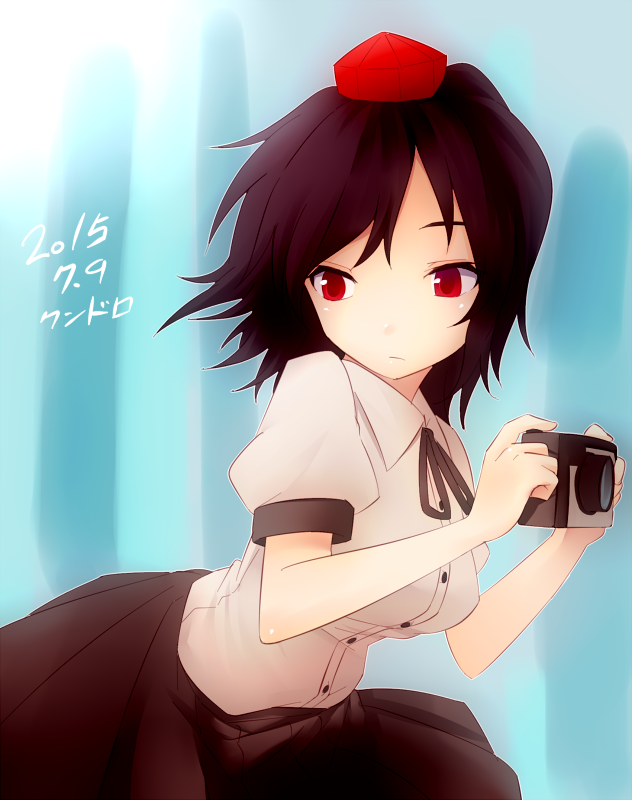 1girl bangs black_ribbon brown_hair brown_skirt buttons camera closed_mouth hat holding holding_camera miyo_(ranthath) neck_ribbon puffy_short_sleeves puffy_sleeves red_eyes red_hat ribbon shameimaru_aya short_hair short_sleeves skirt solo tokin_hat touhou