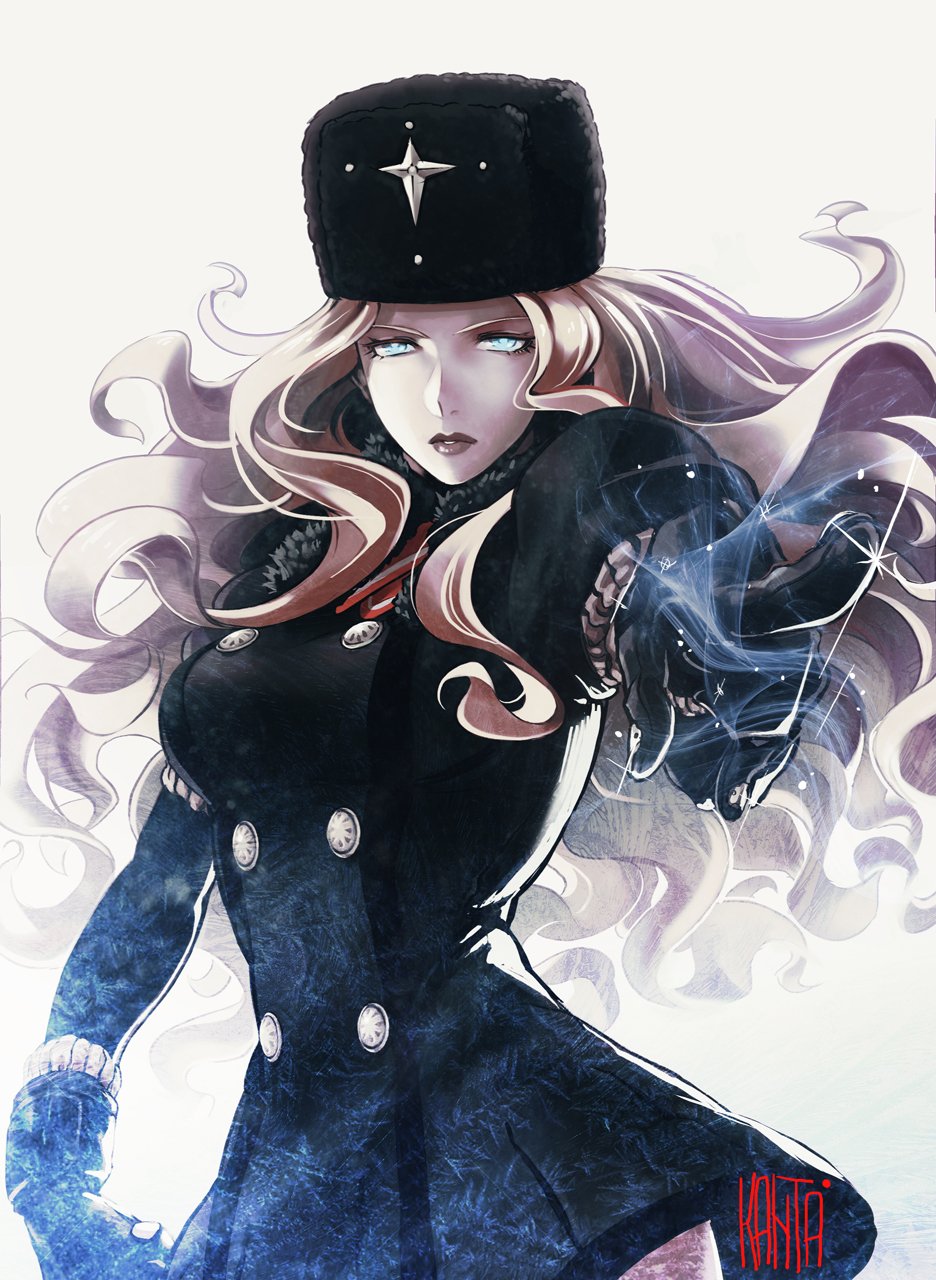 1girl black_gloves blonde_hair blue_eyes breasts coat commentary fur_collar fur_hat gloves half-closed_eyes hat highres ice kanta-kun kolin long_hair looking_at_viewer miniskirt outstretched_arm skirt solo street_fighter street_fighter_v ushanka winter_clothes winter_coat