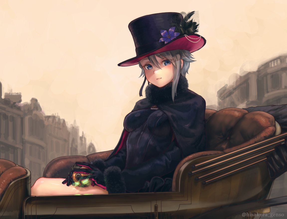 1girl ange_(princess_principal) black_cape black_dress black_gloves black_hat blue_eyes blush cape carriage closed_mouth commentary_request dress flower fur_collar fur_trim genso gloves grey_hair hair_between_eyes hat hat_flower hat_ornament light_smile long_sleeves looking_at_viewer outdoors princess_principal short_hair sitting solo top_hat twitter_username