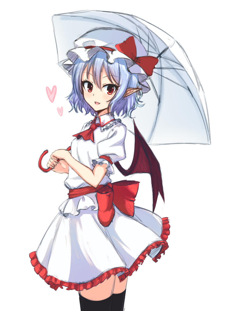 1girl bat_wings blue_hair bracelet dress jewelry junior27016 looking_at_viewer pointy_ears red_eyes remilia_scarlet short_hair simple_background smile solo thigh-highs touhou umbrella vampire white_background white_dress white_umbrella wings