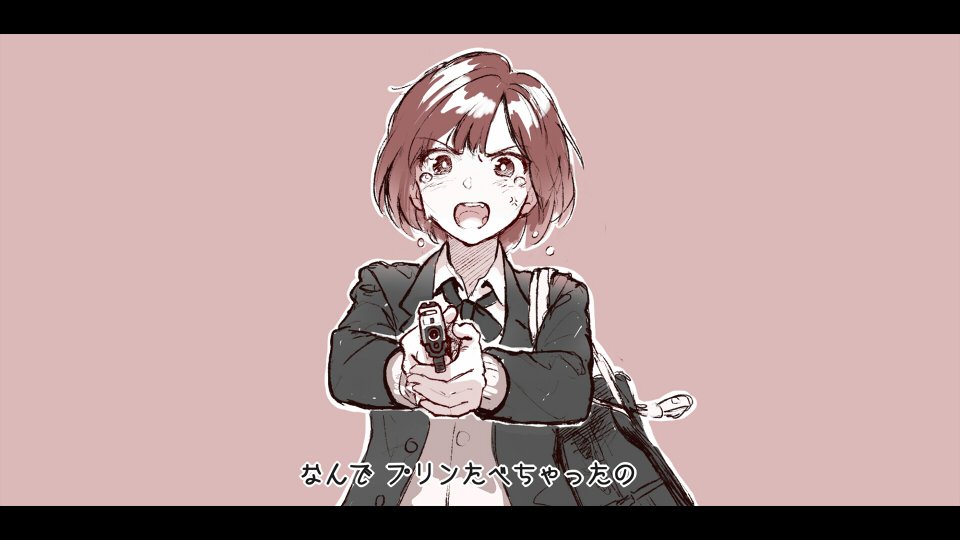 1girl aiming_at_viewer anger_vein angry bag bow bowtie collared_shirt commentary_request eyebrows_visible_through_hair genso gun handgun holding holding_gun holding_weapon letterboxed long_sleeves open_mouth original pink_background pistol redhead school_bag school_uniform shirt short_hair shoulder_bag simple_background standing tears translation_request weapon white_shirt wing_collar