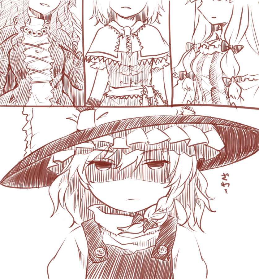 4girls alice_margatroid bangs beads bow braid breast_envy capelet closed_mouth eyebrows_visible_through_hair hair_between_eyes hair_bow hat hat_bow head_out_of_frame hijiri_byakuren kirisame_marisa long_hair miyo_(ranthath) monochrome multiple_girls patchouli_knowledge shaded_face short_hair side_braid sidelocks single_braid touhou witch_hat