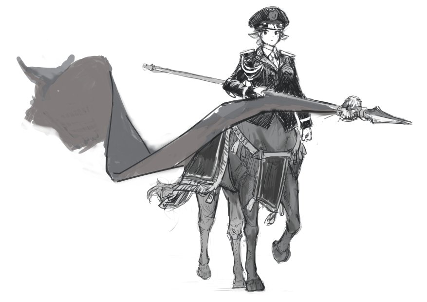 1girl animal_ears banner centaur closed_mouth collared_shirt commentary_request epaulettes flag genso greyscale holding horse_ears jacket looking_at_viewer military military_jacket monochrome necktie original pelvic_curtain shirt simple_background sketch solo white_background wing_collar