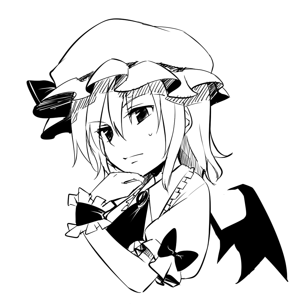 1girl ascot bangs bat_wings bow closed_mouth eyebrows_visible_through_hair greyscale hair_between_eyes hat hat_bow miyo_(ranthath) mob_cap monochrome remilia_scarlet short_hair short_sleeves solo sweat touhou upper_body wings