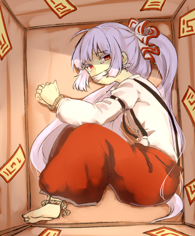 1girl ahoge bangs barefoot bound bound_ankles bound_wrists bow brown_eyes buttons cloth_gag eyebrows_visible_through_hair fujiwara_no_mokou full_body gag gagged grey_hair hair_bow improvised_gag long_hair long_sleeves looking_at_viewer lying miyo_(ranthath) ofuda on_side over_the_mouth_gag pants red_pants shirt solo suspenders tears touhou very_long_hair white_shirt