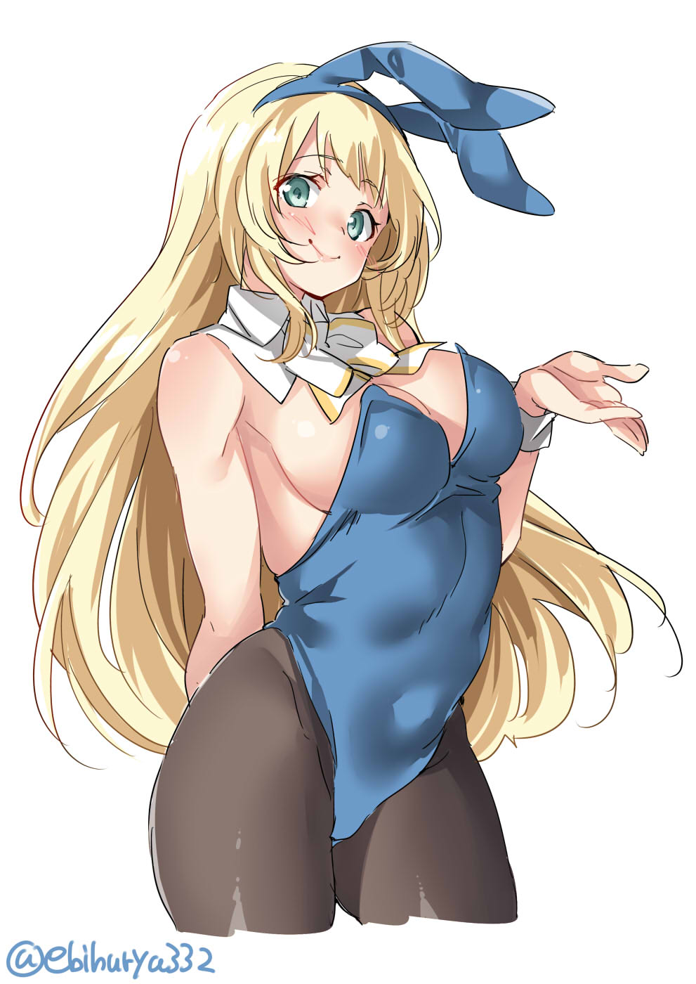 1girl animal_ears atago_(kantai_collection) bare_shoulders black_legwear blonde_hair blush breasts bunnysuit closed_mouth detached_collar ebifurya eyebrows_visible_through_hair fake_animal_ears green_eyes highres kantai_collection large_breasts leotard long_hair pantyhose rabbit_ears simple_background smile solo strapless strapless_leotard twitter_username white_background