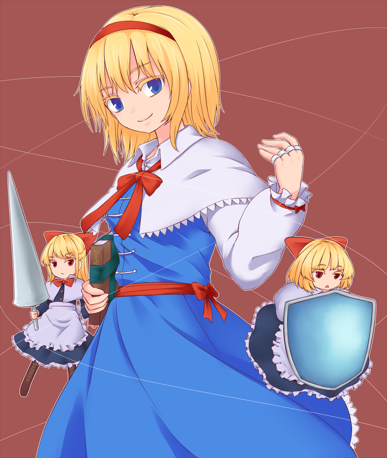 3girls alice_margatroid apron bangs blonde_hair blue_eyes book bow bowtie brown_background brown_footwear capelet closed_mouth eyebrows_visible_through_hair hair_bow hairband holding holding_book lance long_sleeves looking_at_viewer miyo_(ranthath) multiple_girls polearm red_bow red_eyes red_neckwear shanghai_doll shield short_hair simple_background smile touhou waist_apron weapon white_apron