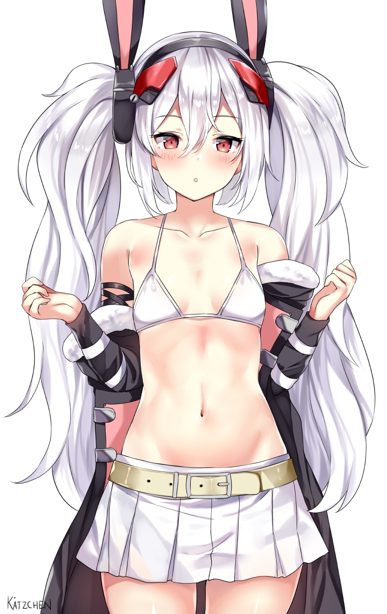 1girl :o animal_ears arm_strap azur_lane bangs bare_shoulders belt blush bra breasts buckle collarbone dot_nose eyebrows_visible_through_hair fake_animal_ears fur-trimmed_jacket fur_trim hair_between_eyes hair_ornament hairband headgear highres jacket kaetzchen laffey_(azur_lane) long_hair long_sleeves looking_at_viewer miniskirt navel off_shoulder open_mouth pleated_skirt rabbit_ears red_eyes red_hairband remodel_(azur_lane) signature silver_hair simple_background skirt small_breasts solo stomach thigh-highs thighs twintails underwear very_long_hair white_background white_bra white_legwear