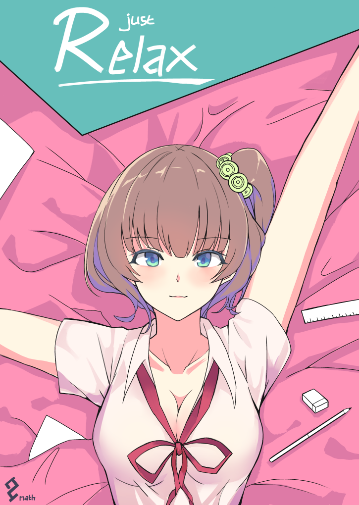 1girl aqua_eyes arms_up artist_name bangs bed_sheet blue_eyes blunt_bangs blush breasts brown_hair cleavage closed_eyes closed_mouth collarbone collared_shirt english eraser eyebrows_visible_through_hair from_above hair_ornament kauru00 looking_at_viewer lying medium_breasts neck_ribbon on_back one_side_up original pencil red_neckwear red_ribbon ribbon ruler shiny shiny_hair shirt smile solo tareme upper_body white_shirt wing_collar
