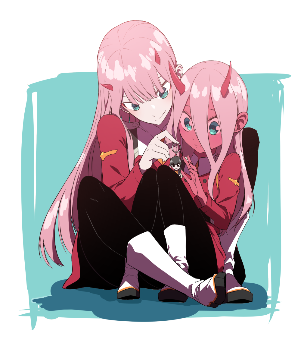 2girls aqua_eyes between_legs black_legwear blue_background boots character_doll darling_in_the_franxx dual_persona expressionless hair_between_eyes hiro_(darling_in_the_franxx) horns keychain long_hair long_sleeves looking_down lsw_(dltjddnja) multiple_girls pantyhose pink_hair red_sclera red_skin shadow simple_background sitting smile spoilers time_paradox uniform very_long_hair white_footwear younger zero_two_(darling_in_the_franxx)
