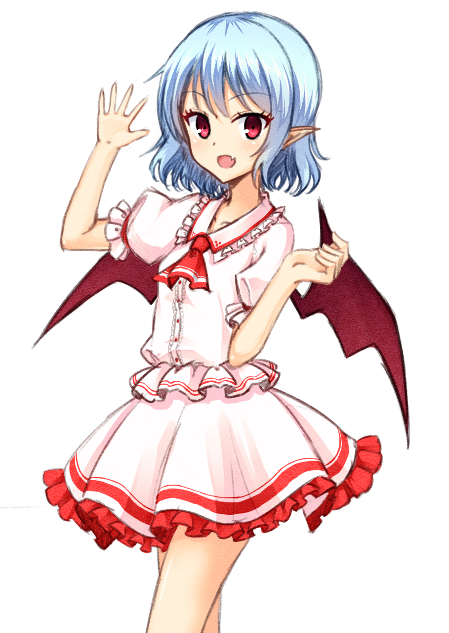 1girl bat_wings blue_hair bracelet dress fang highres jewelry junior27016 looking_at_viewer open_mouth pointy_ears puffy_short_sleeves puffy_sleeves red_eyes remilia_scarlet short_hair short_sleeves simple_background touhou waving_arm white_background white_dress wings