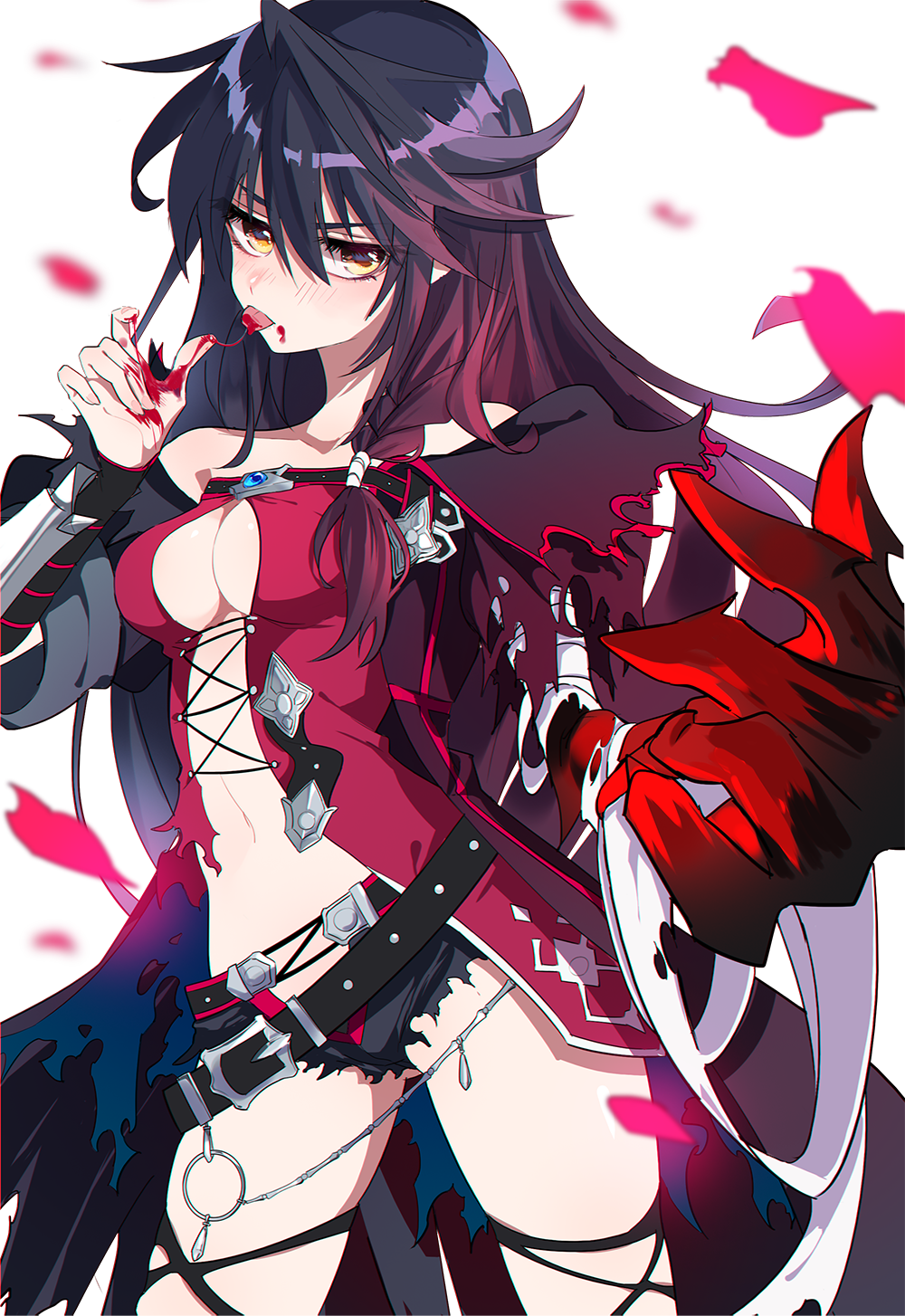 1girl bandage bandaged_arm bangs bare_shoulders belt black_hair black_legwear black_shorts blood breasts claws cleavage cowboy_shot highres jitome licking long_hair looking_at_viewer medium_breasts mg_nemuio navel revealing_clothes short_shorts shorts simple_background solo swept_bangs tales_of_(series) tales_of_berseria thigh-highs tongue torn_clothes torn_thighhighs velvet_crowe white_background yellow_eyes