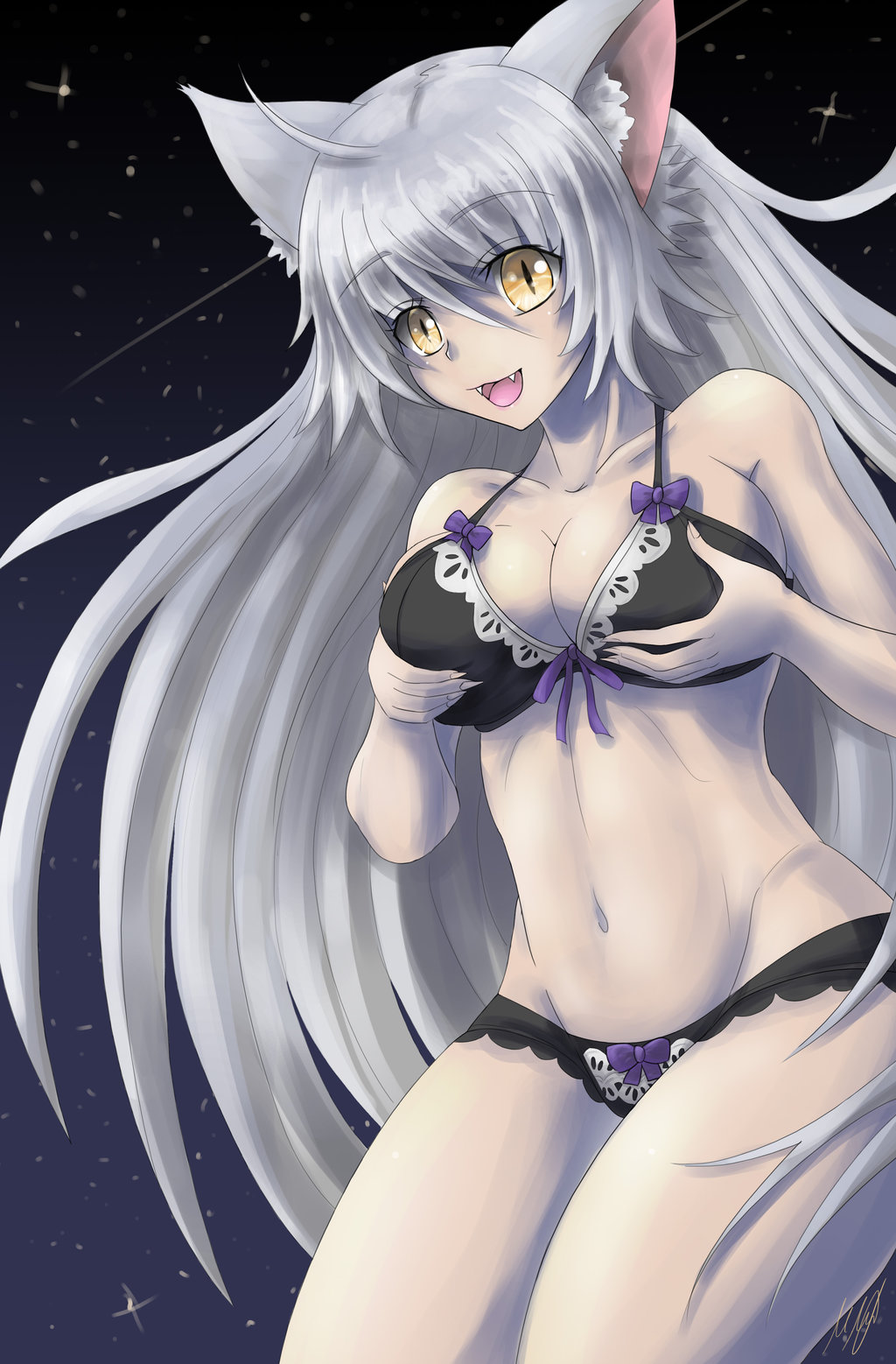 :d animal_ears black_bra black_hanekawa black_panties bra breasts cat_ears cleavage commentary fangs hanekawa_tsubasa highres lingerie long_hair markus_moeller monogatari_(series) navel nekomonogatari open_mouth panties silver_hair slit_pupils smile underwear underwear_only very_long_hair yellow_eyes