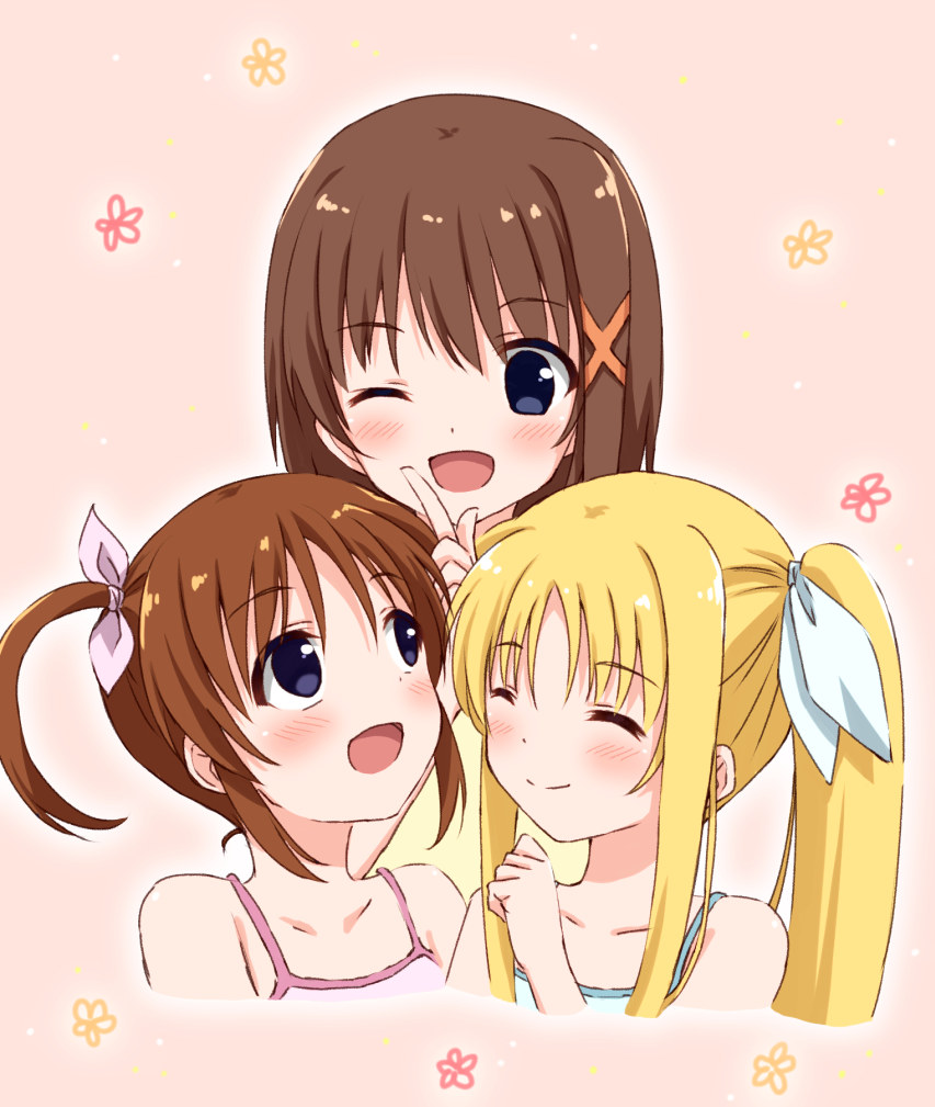 3girls :d ;d bangs bare_shoulders blue_eyes blush breasts brown_hair camisole closed_mouth collarbone eyebrows_visible_through_hair fate_testarossa flower hair_ornament hair_ribbon hoshino_kagari long_hair looking_at_another looking_down looking_up lyrical_nanoha mahou_shoujo_lyrical_nanoha medium_breasts multiple_girls one_eye_closed open_mouth parted_bangs pink_background pink_ribbon portrait ribbon short_hair short_twintails sidelocks simple_background smile spaghetti_strap takamachi_nanoha tareme twintails x_hair_ornament yagami_hayate