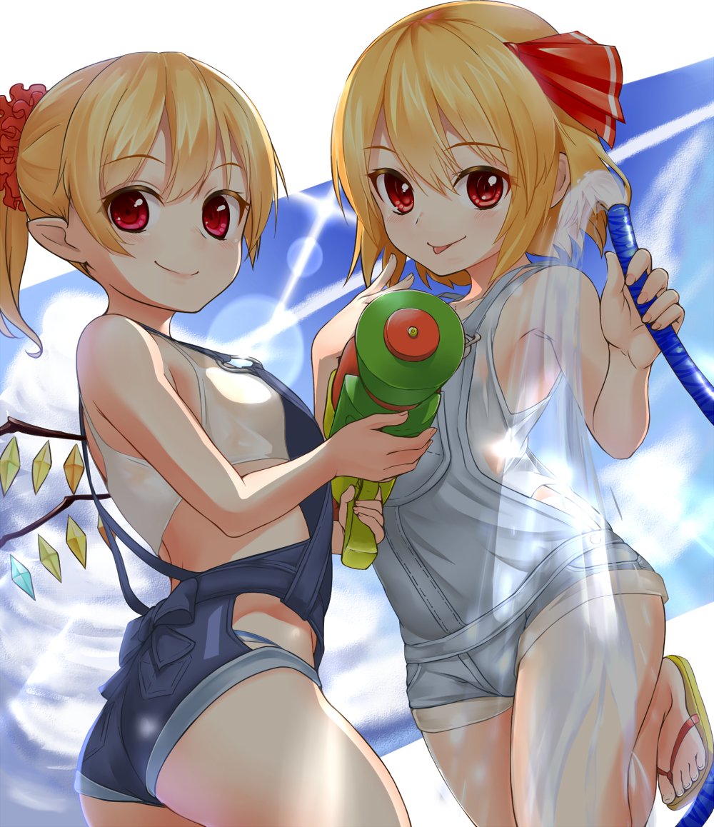 2girls alternate_costume ass bangs bare_legs bare_shoulders bikini blonde_hair closed_mouth commentary_request eyebrows_visible_through_hair fingernails flandre_scarlet hair_between_eyes hair_ribbon hands_up holding hose looking_at_viewer multiple_girls o-ring outdoors overalls pointy_ears ponytail red_eyes red_ribbon ribbon rumia sandals shiron_(e1na1e2lu2ne3ru3) smile standing standing_on_one_leg sun swimsuit tongue tongue_out touhou water water_gun white_background wings