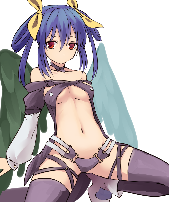 1girl ass_visible_through_thighs bangs bare_shoulders blue_hair breasts brown_legwear choker closed_mouth dizzy eyebrows_visible_through_hair green_wings guilty_gear hair_between_eyes hair_ribbon long_sleeves looking_at_viewer medium_breasts miyo_(ranthath) navel red_eyes ribbon simple_background solo tail thigh-highs white_background white_footwear wings yellow_ribbon