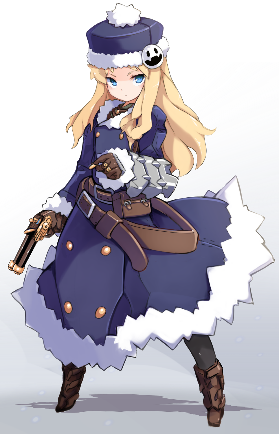 1girl bangs black_legwear blonde_hair blue_coat blue_eyes blue_hat blush boots brown_footwear bullet closed_mouth coat commentary_request full_body fur-trimmed_coat fur-trimmed_hat fur-trimmed_sleeves fur_trim gradient gradient_background grey_background gun gunner handgun hat highres holding holding_bullet holding_gun holding_weapon karukan_(monjya) long_hair long_sleeves looking_at_viewer pantyhose sekaiju_no_meikyuu solo standing v-shaped_eyebrows weapon white_background