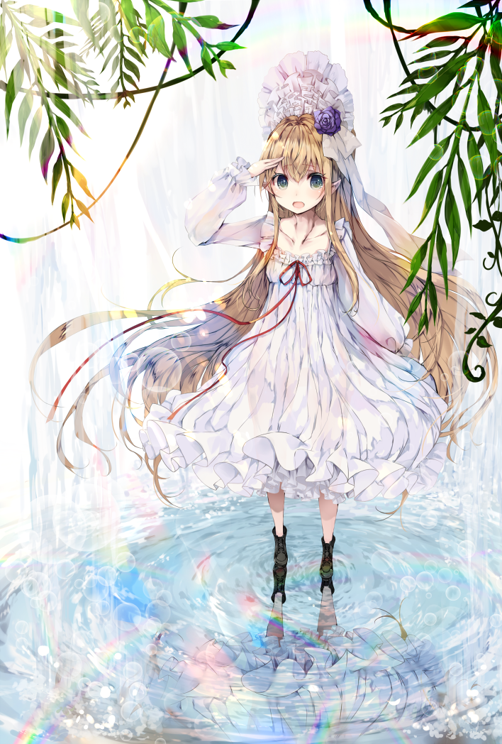 1girl :d arm_up bangs black_footwear blonde_hair blush boots collarbone dress eyebrows_visible_through_hair green_eyes hair_between_eyes long_hair long_sleeves looking_at_viewer open_mouth original petticoat puffy_long_sleeves puffy_sleeves rainbow reflection ripples smile solo standing standing_on_liquid umino_mizu very_long_hair water white_dress