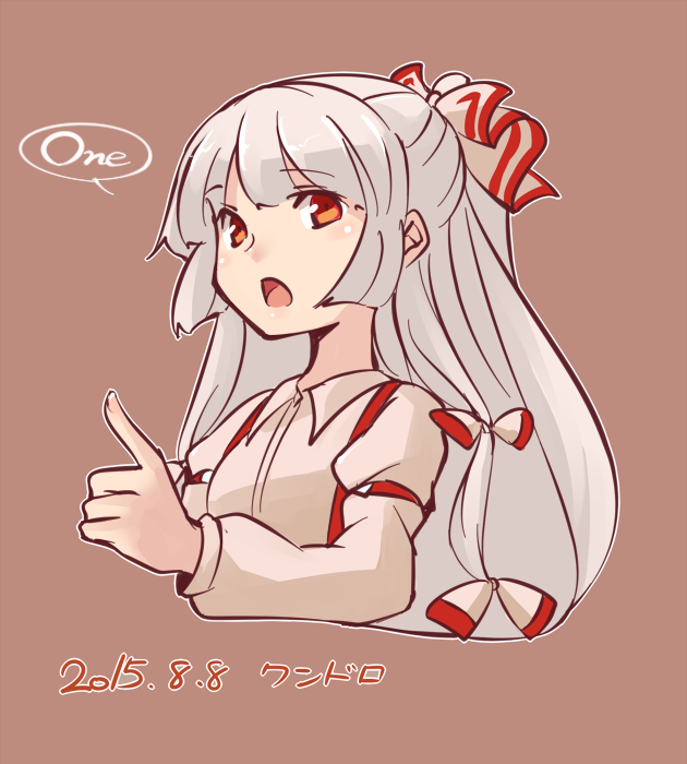 1girl bangs bow brown_background brown_eyes brown_shirt collared_shirt dated eyebrows_visible_through_hair fujiwara_no_mokou grey_hair hair_bow long_hair long_sleeves looking_at_viewer miyo_(ranthath) open_mouth shirt simple_background solo touhou upper_body