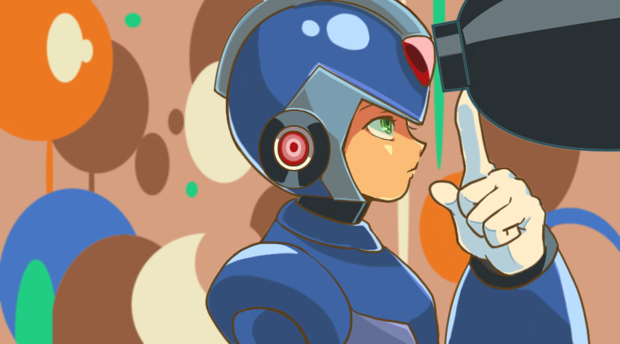 1boy android commentary_request gloves green_eyes hakushin helmet index_finger_raised male_focus profile rockman rockman_x solo white_gloves x_(rockman)