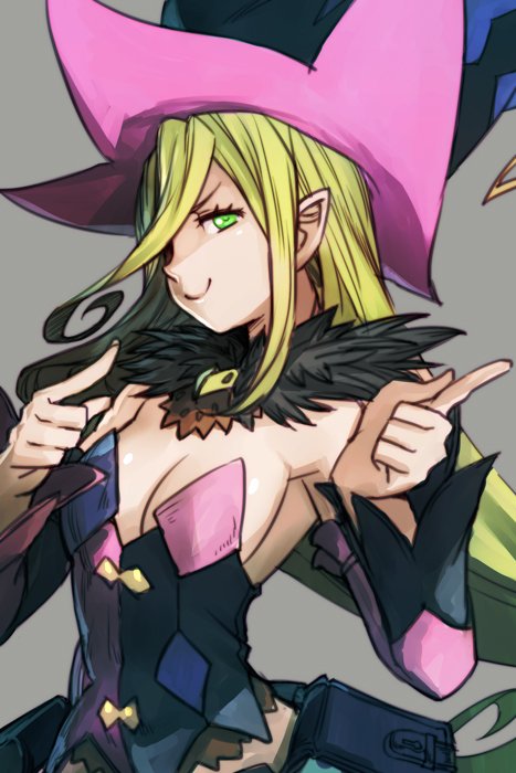 1girl blonde_hair breasts closed_mouth commentary_request detached_sleeves dress green_eyes grey_background hankuri hat looking_at_viewer magilou_(tales) medium_breasts pointing pointy_ears pouch simple_background smile solo tales_of_(series) tales_of_berseria upper_body witch_hat