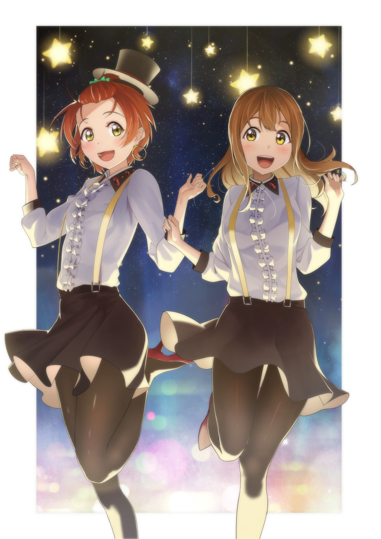 2girls :d bangs_pinned_back black_hat black_legwear black_skirt blurry blurry_background blush brown_hair center_frills collared_shirt depth_of_field earrings forehead green_eyes hat hello_hoshi_wo_kazoete high_heels hoop_earrings hoshizora_rin jewelry kunikida_hanamaru leg_up long_hair long_sleeves looking_at_viewer love_live! love_live!_school_idol_project love_live!_sunshine!! multiple_girls night night_sky open_mouth orange_hair outside_border pantyhose red_footwear redame round_teeth shirt short_hair skirt sky smile standing standing_on_one_leg star_(sky) starry_sky suspender_skirt suspenders tareme teeth thigh_gap top_hat w_arms white_shirt wing_collar yellow_eyes