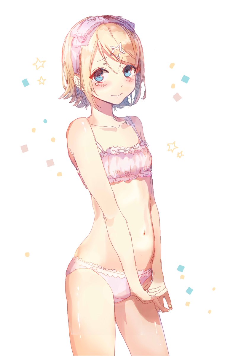 1girl bare_arms bare_shoulders blonde_hair blue_eyes blush bow bra collarbone embarrassed frilled_bra frills hair_bow hair_ornament hair_ribbon hairpin hands_together highres jam_(zamuchi) kagamine_rin lingerie looking_at_viewer midriff navel nervous panties pink_bow pink_bra pink_panties ribbon short_hair shy sketch star star_hair_ornament underwear vocaloid