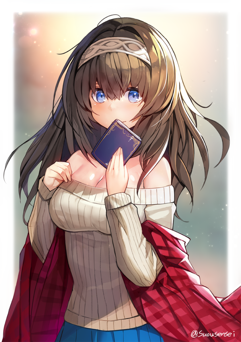 1girl bangs bare_shoulders black_hair blue_eyes blue_skirt blush book breasts cleavage closed_mouth eto_(nistavilo2) hair_between_eyes hairband holding holding_book idolmaster idolmaster_cinderella_girls large_breasts long_hair long_sleeves looking_at_viewer off-shoulder_sweater plaid pleated_skirt revision ribbed_sweater sagisawa_fumika shawl skirt sleeves_past_wrists smile solo sweater twitter_username white_hairband white_sweater