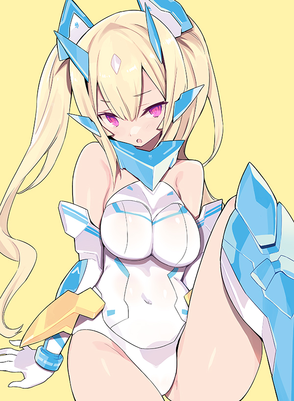 1girl :o arm_support asura_ninja_aoi bangs bare_shoulders blade_(galaxist) blonde_hair blush breasts covered_navel elbow_gloves eyebrows_visible_through_hair gloves groin hair_between_eyes head_tilt headgear leotard long_hair looking_at_viewer medium_breasts megami_device parted_lips side_ponytail sidelocks simple_background sitting solo very_long_hair violet_eyes white_gloves white_leotard yellow_background