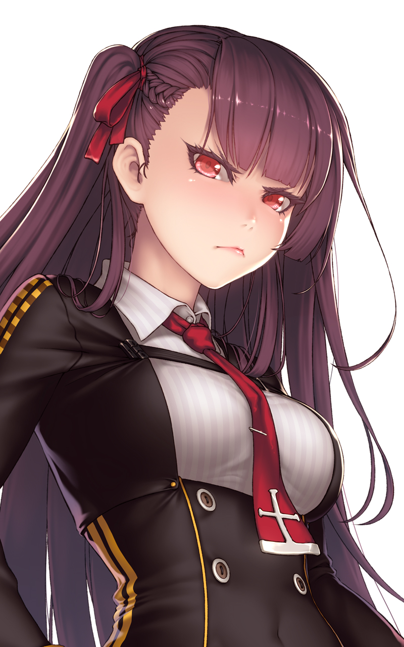 1girl bangs blunt_bangs blush braid breasts buttons closed_mouth collared_shirt covered_navel french_braid girls_frontline gloves hair_between_eyes hair_over_shoulder hair_ribbon half_updo highres jacket large_breasts long_hair looking_at_viewer necktie one_side_up pantyhose purple_hair red_eyes red_neckwear ribbon ryu_un shirt sidelocks simple_background sitting skirt solo standing strap thighband_pantyhose thighs tsundere tsurime underbust very_long_hair wa2000_(girls_frontline) white_background white_shirt