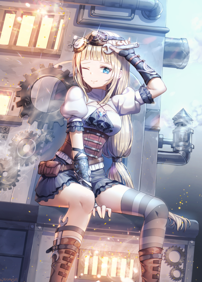 1girl artist_name bangs black_skirt blonde_hair blue_eyes blunt_bangs corset frilled_skirt frilled_sleeves frills furnace gears goggles goggles_on_head long_hair looking_at_viewer low-tied_long_hair one_eye_closed original pouch puffy_short_sleeves puffy_sleeves roang shiny short_sleeves skirt smile steam steampunk very_long_hair wrench