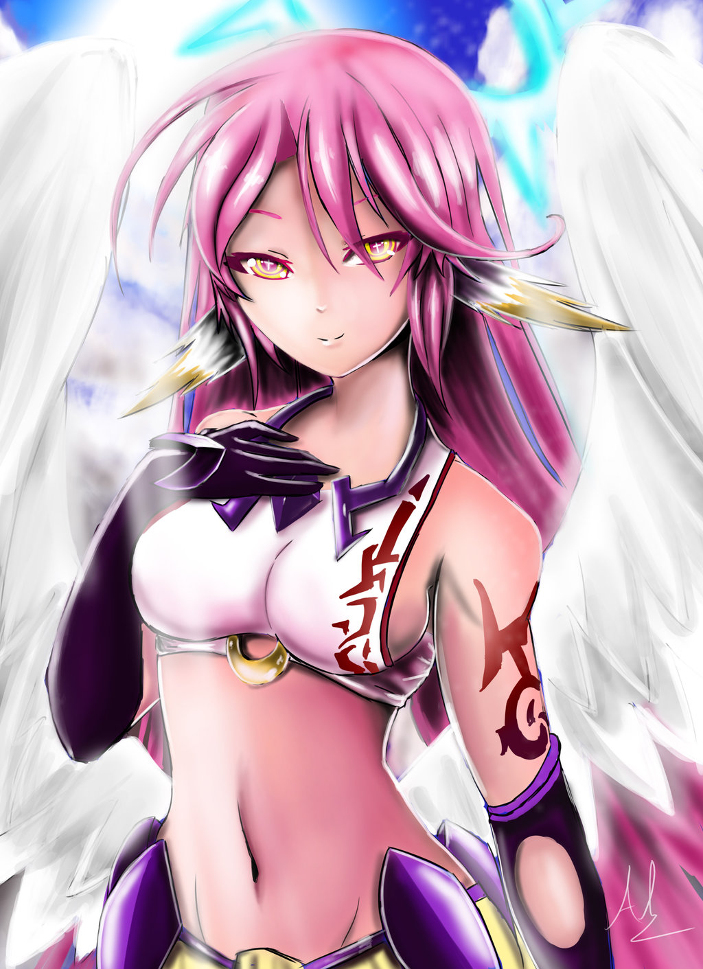 1girl angel_wings artist_request breasts cross feathered_wings gloves halo highres jibril_(no_game_no_life) long_hair low_wings magic_circle medium_breasts midriff multicolored multicolored_eyes navel no_game_no_life pink_hair sideboob smile solo symbol-shaped_pupils tattoo very_long_hair violet_eyes white_wings wing_ears wings yellow_eyes