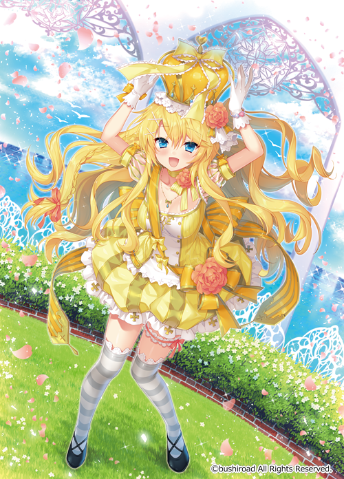 1girl :d arms_up bangs black_footwear blonde_hair blue_eyes blue_sky blush breasts cardfight!!_vanguard character_request cleavage closed_eyes crown day dutch_angle eyebrows_visible_through_hair flower gloves hair_between_eyes hair_flower hair_ornament large_breasts long_hair looking_at_viewer official_art open_mouth outdoors petals pink_flower pink_rose puffy_short_sleeves puffy_shorts puffy_sleeves rose sakura_neko shirt shoes short_sleeves shorts sky smile solo standing striped striped_legwear thigh-highs vertical-striped_shorts vertical_stripes very_long_hair white_flower white_gloves x_hair_ornament yellow_shirt yellow_shorts